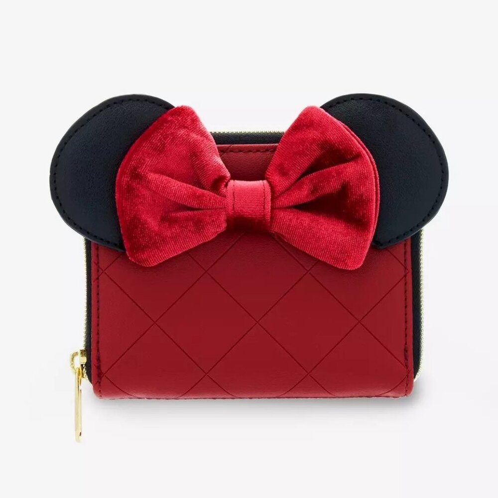 Loungefly Disney Minnie Mouse Burgundy Velvet Bow Mini Zipper Wallet NEW